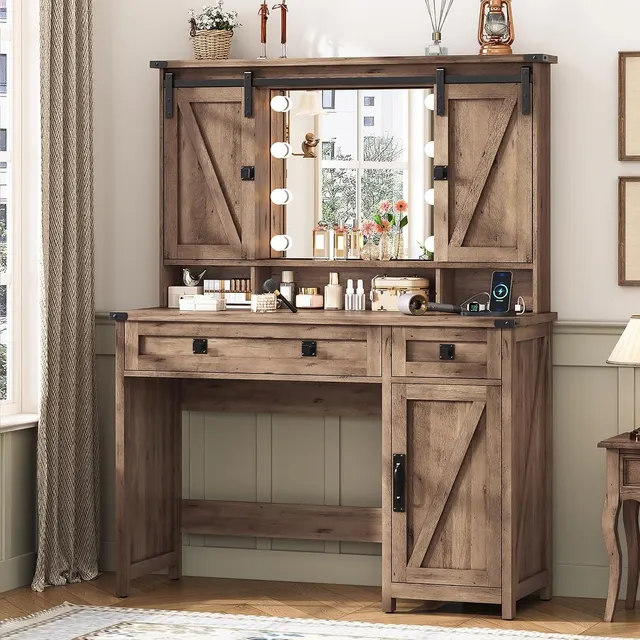 MSmask Hollywood-Bulb Barn-Door Vanity 41", Rustic Oak