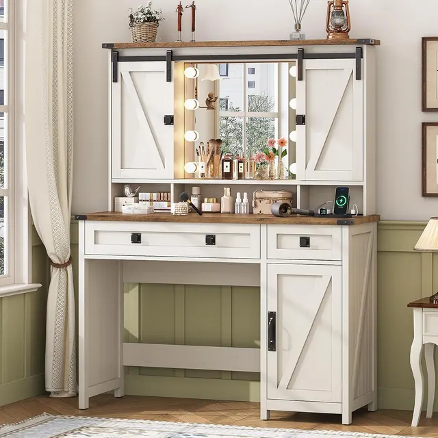 MSmask Hollywood-Bulb Barn-Door Vanity 41", White