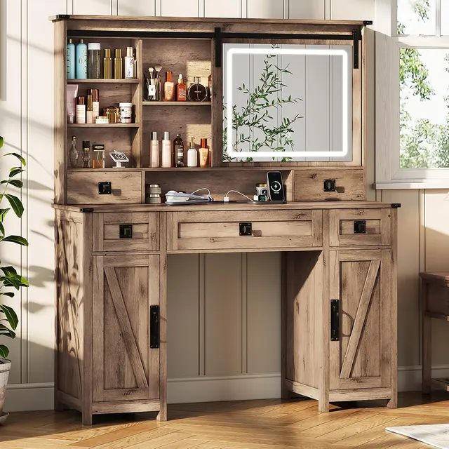 MSmask Farmhouse Sliding-Mirror Vanity 47.2", Rustic Oak