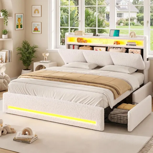 MSmask Upholstered Storage-Headboard Bed, Off-White Boucle, Full