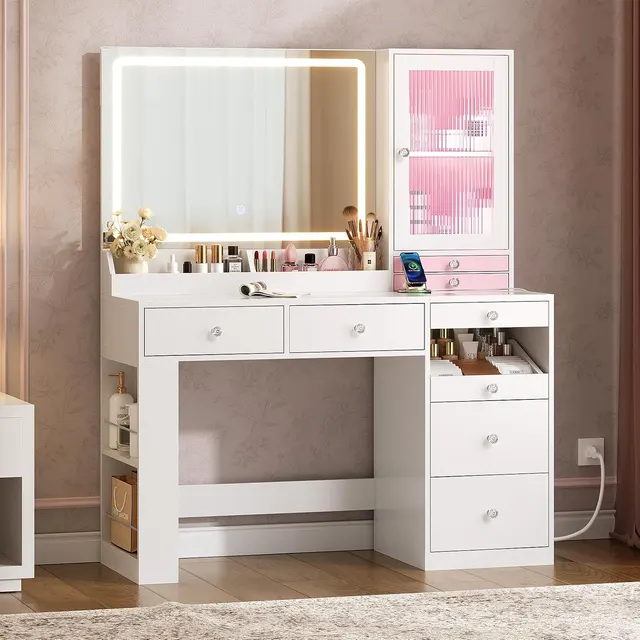 MSmask LED Cabinet Vanity with Jewelry Boxes, White