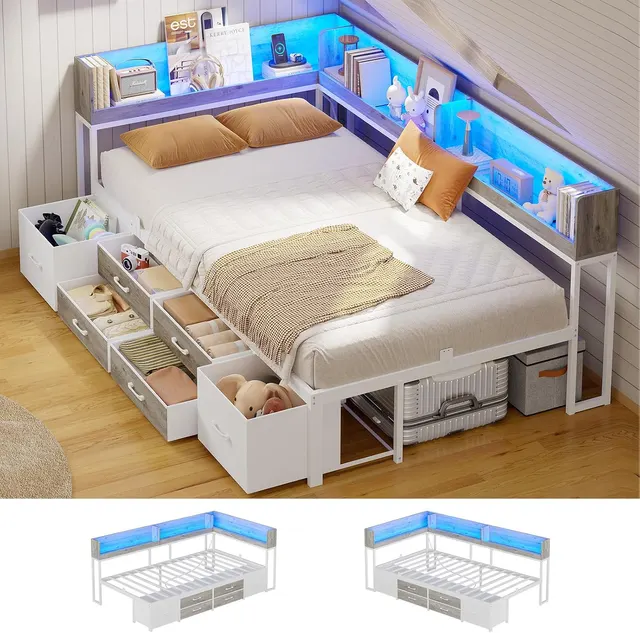 MSmask Corner Bookcase Bed, 14" Platform, White & Oak Grey, Twin