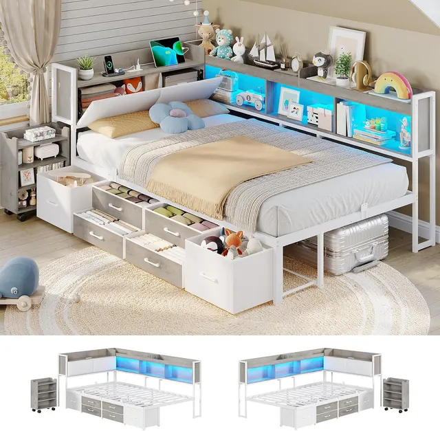 MSmask Corner Bed with Pull-Out Cabinet, White & Oak Grey, Twin