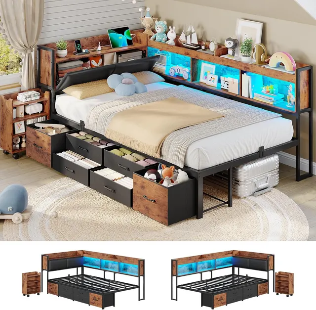MSmask Corner Bed with Pull-Out Cabinet, Black & Vintage Brown, Twin