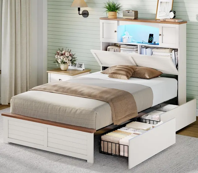 MSmask Farmhouse Bookcase Bed with Cabinets, White, Twin