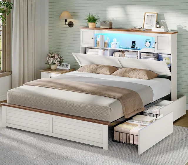 MSmask Farmhouse Bookcase Bed with Cabinets, White, Full