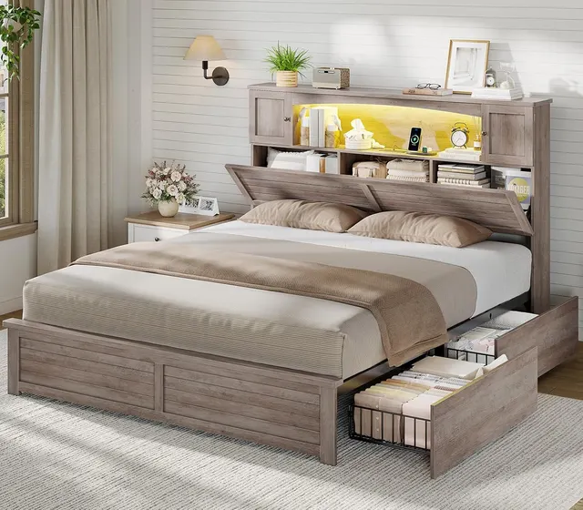 MSmask Farmhouse Bookcase Bed with Cabinets, Grey, Queen