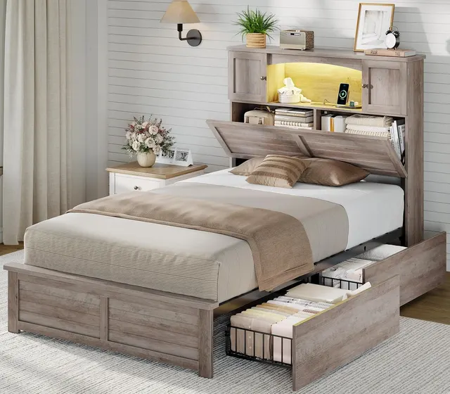 MSmask Farmhouse Bookcase Bed with Cabinets, Grey, Twin