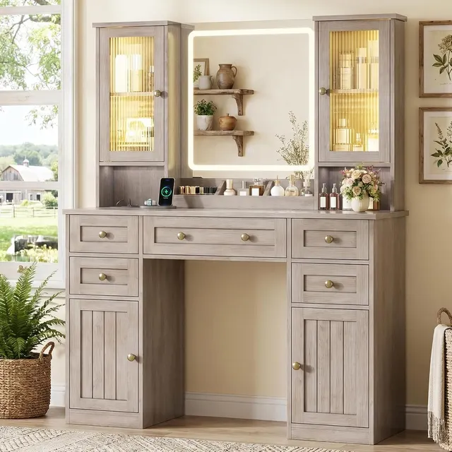 MSmask Fluted-Glass RGB Vanity 43.3", Rustic Oak