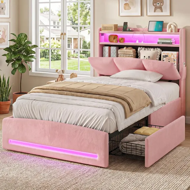 MSmask Upholstered Storage-Headboard Bed, Pink, Twin