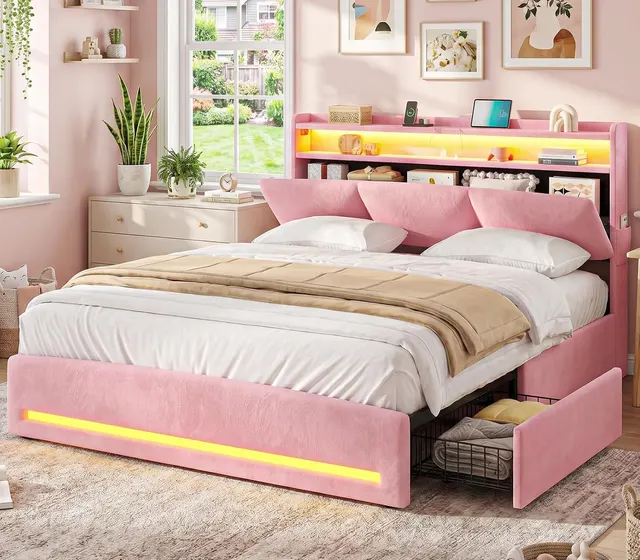 MSmask Upholstered Storage-Headboard Bed, Pink, Full