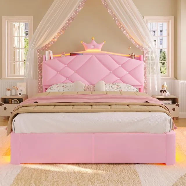 MSmask Princess Crown Bed with Storage Drawers, Pink, Full