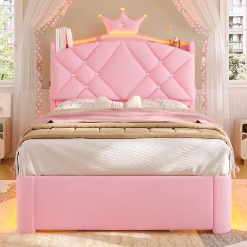 MSmask Princess Crown Bed with Storage Drawers, Pink, Twin