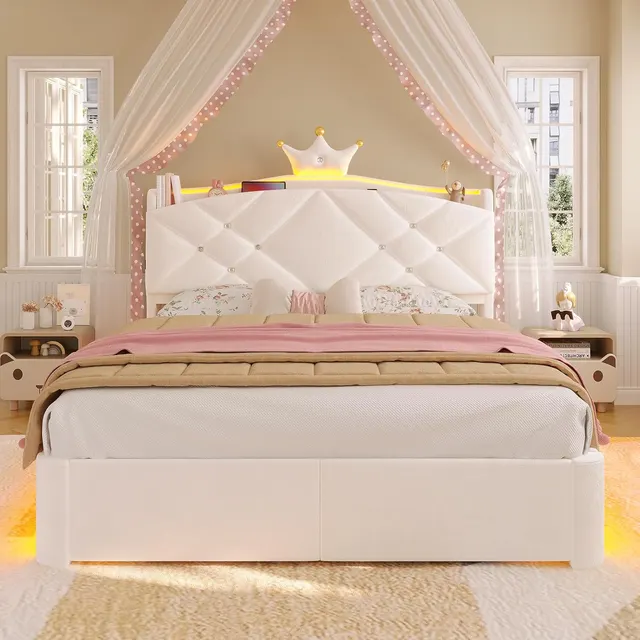 MSmask Princess Crown Bed with Storage Drawers, Cream, Full