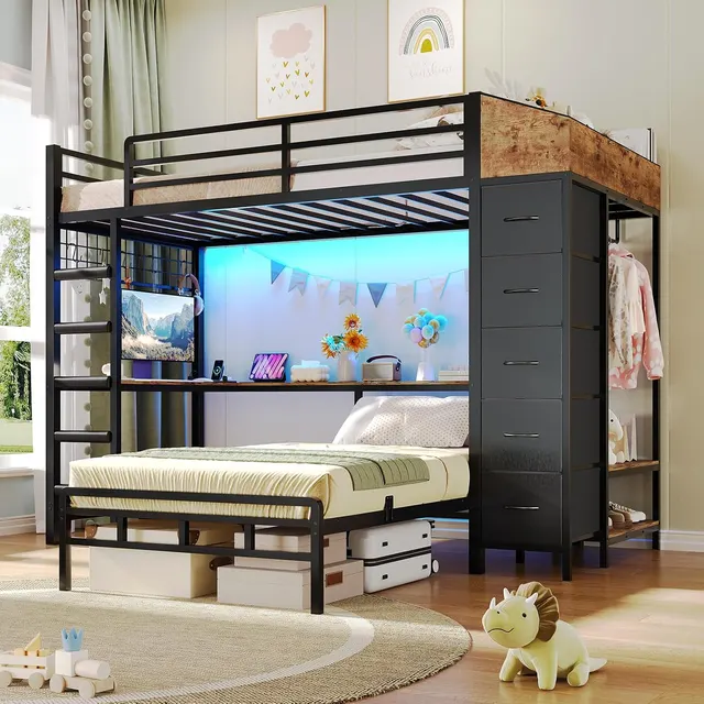 MSmask L-Shaped Bunk Bed with Desk & Wardrobe, Black, Twin Over Twin