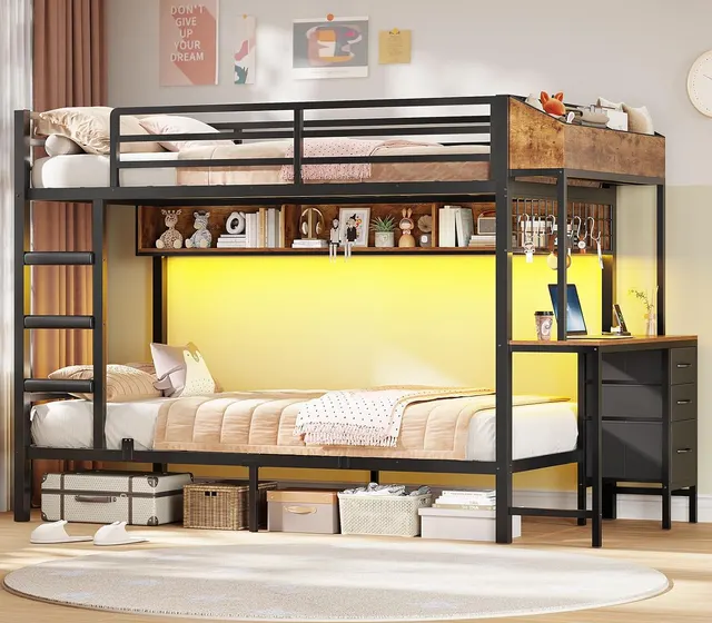 MSmask Metal Bunk Bed with Desk & 3 Drawers, Black, Twin Over Twin