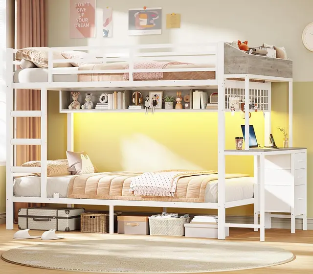 MSmask Metal Bunk Bed with Desk & 3 Drawers, White, Twin Over Twin