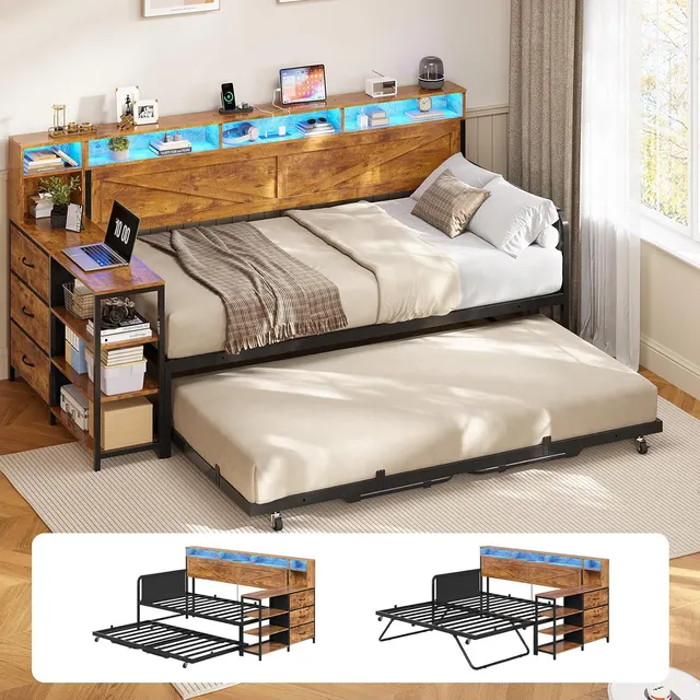 MSmask Farmhouse Daybed with Pop-Up Trundle, Rustic Brown, Twin