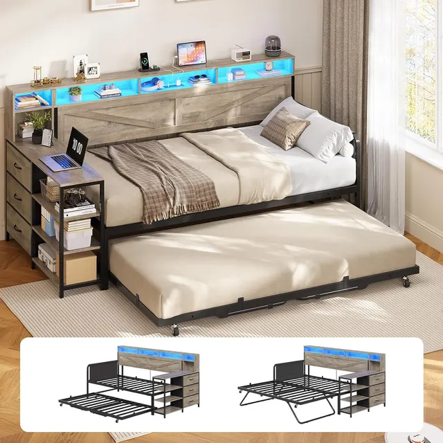 MSmask Farmhouse Daybed with Pop-Up Trundle, Grey, Twin
