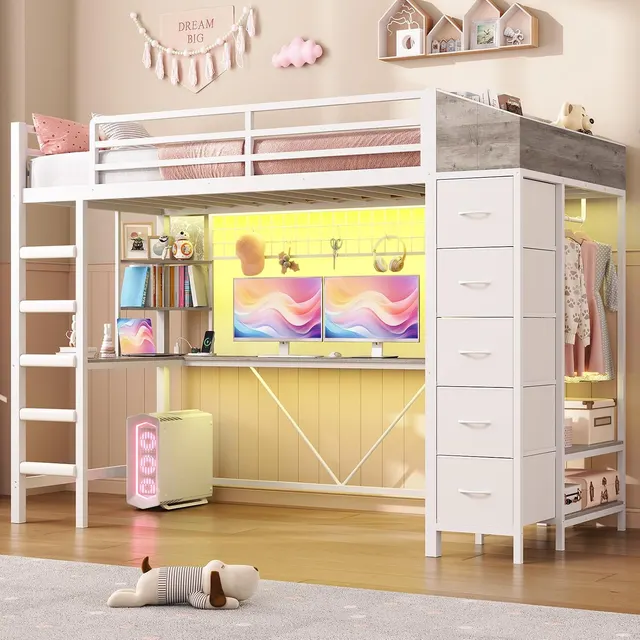 MSmask Twin Loft Bed with L-Desk & Hall Tree, White, Twin