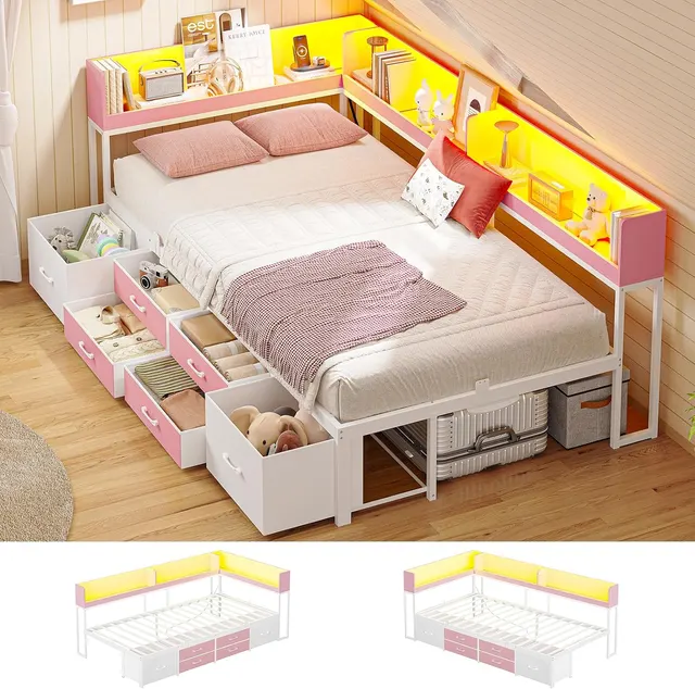 MSmask Corner Bookcase Bed, 14" Platform, Pink, Twin XL