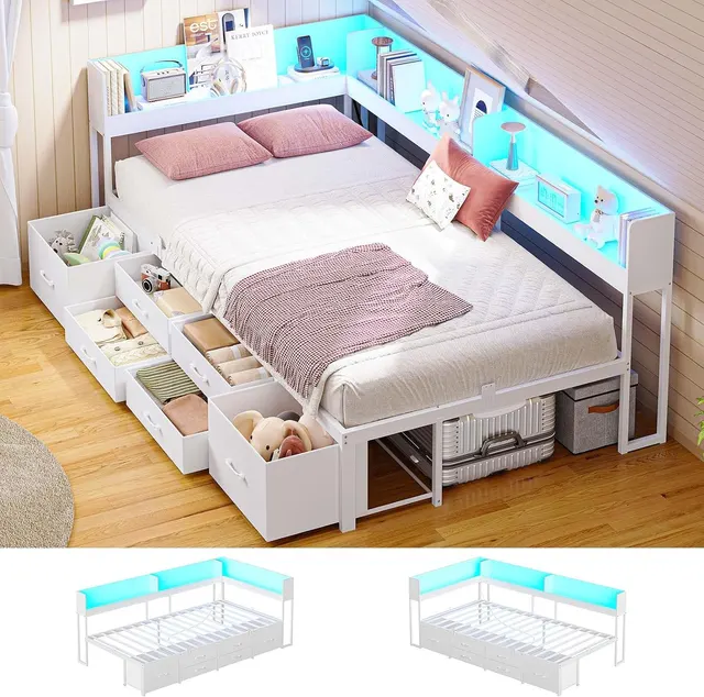 MSmask Corner Bookcase Bed, 14" Platform, White, Twin XL