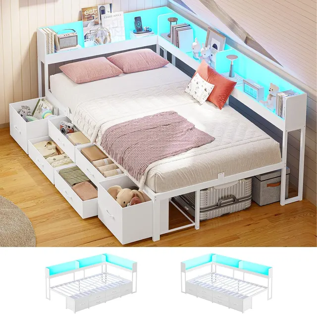 MSmask Corner Bookcase Bed, 14" Platform, White, Twin