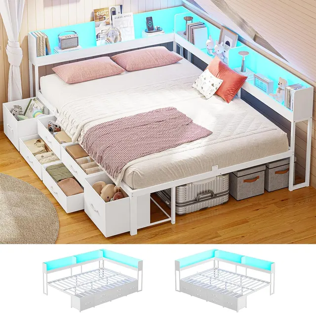 MSmask Corner Bookcase Bed, 14" Platform, White, Full