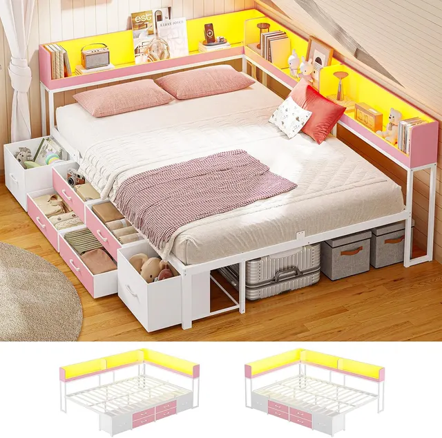 MSmask Corner Bookcase Bed, 14" Platform, Pink, Full