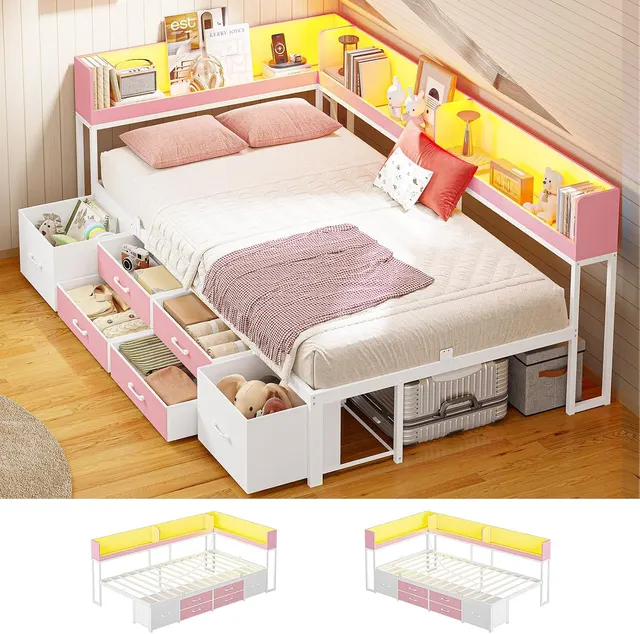 MSmask Corner Bookcase Bed, 14" Platform, Pink, Twin