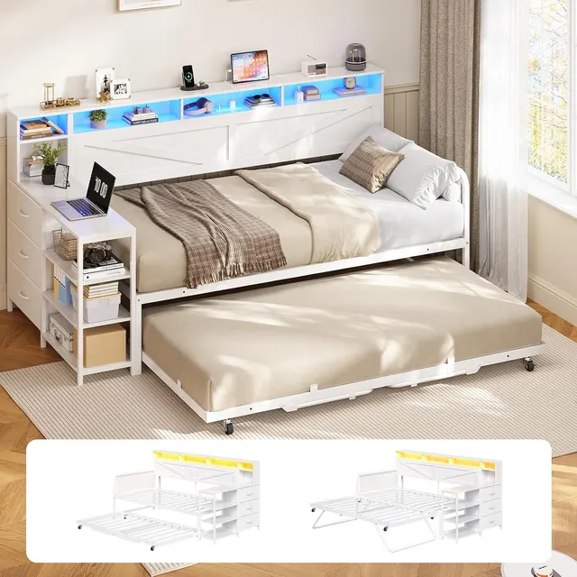MSmask Farmhouse Daybed with Pop-Up Trundle, White, Twin