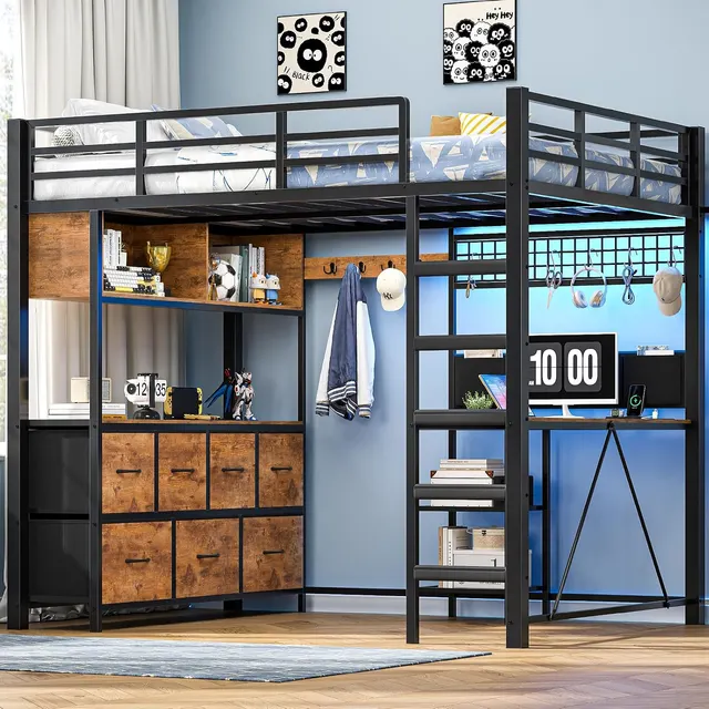 MSmask Full Loft Bed with L-Desk & Bookshelf
