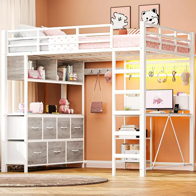 MSmask Full Loft Bed with L-Desk & Bookshelf, Oak Grey, Full