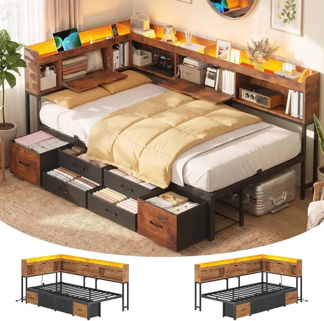 MSmask Corner Bed with Storage Headboard, Black & Vintage Brown, Twin