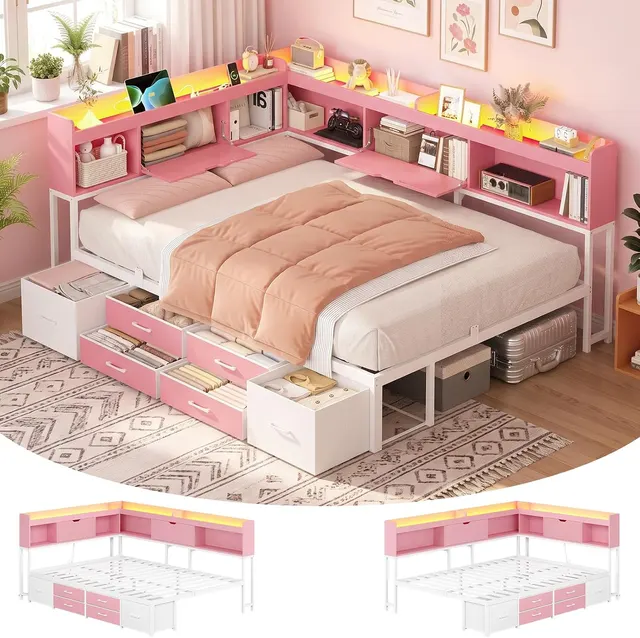 MSmask Corner Bed with Storage Headboard, Pink, Full