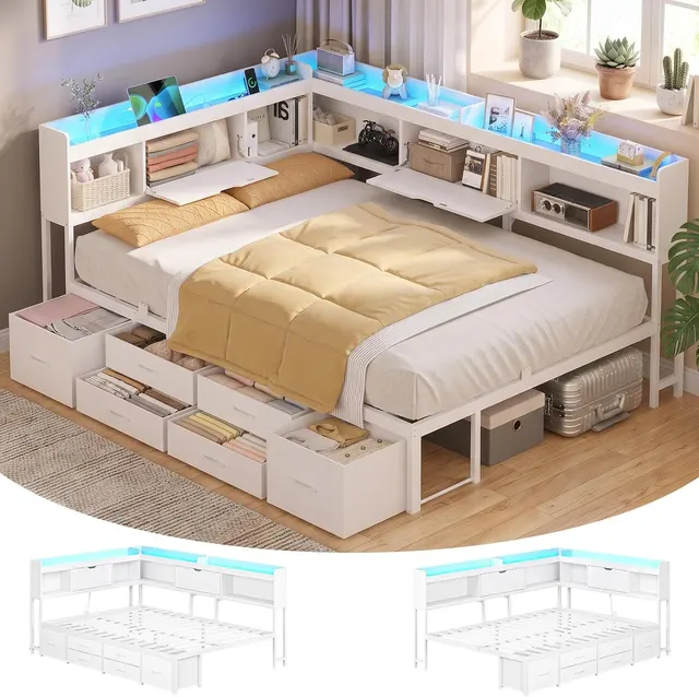 MSmask Corner Bed with Storage Headboard, White, Full