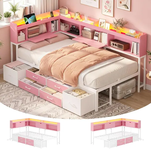 MSmask Corner Bed with Storage Headboard, Pink, Twin