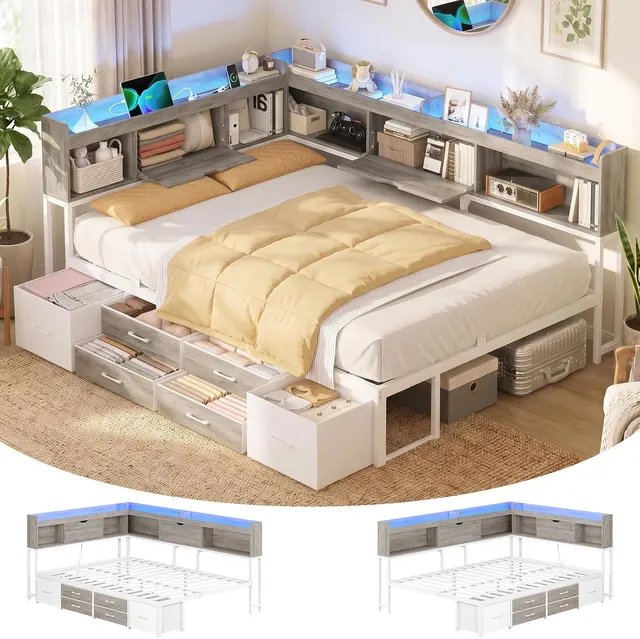 MSmask Corner Bed with Storage Headboard, White & Oak Grey, Full