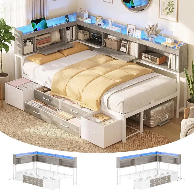 MSmask Corner Bed with Storage Headboard, White & Oak Grey, Twin
