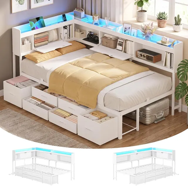 MSmask Corner Bed with Storage Headboard, White, Twin