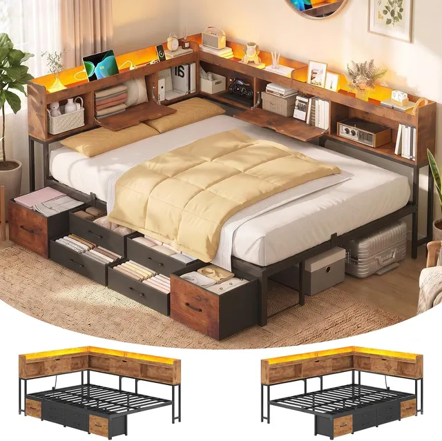 MSmask Corner Bed with Storage Headboard, Black & Vintage Brown, Full