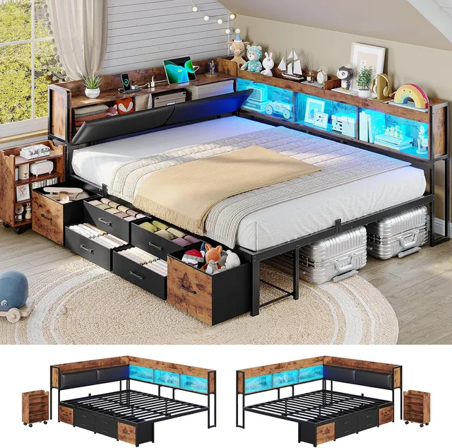 MSmask Corner Bed with Pull-Out Cabinet, Black & Vintage Brown, Full