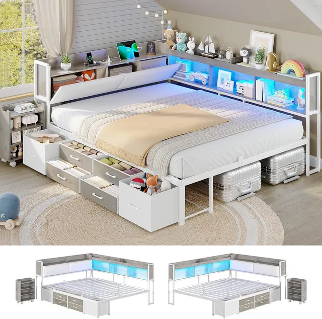 MSmask Corner Bed with Pull-Out Cabinet, White & Oak Grey, Full