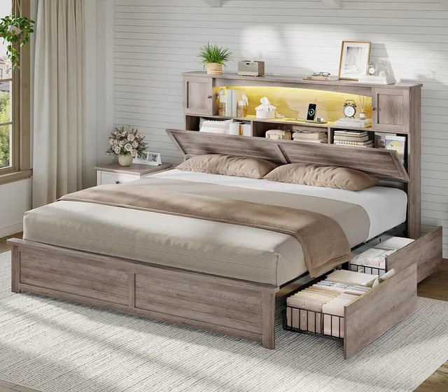 MSmask Farmhouse Bookcase Bed with Cabinets, Grey, King