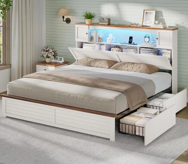 MSmask Farmhouse Bookcase Bed with Cabinets, White, King