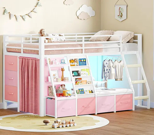 MSmask Low Loft Bed with Reading Nook, White & Pink, Twin
