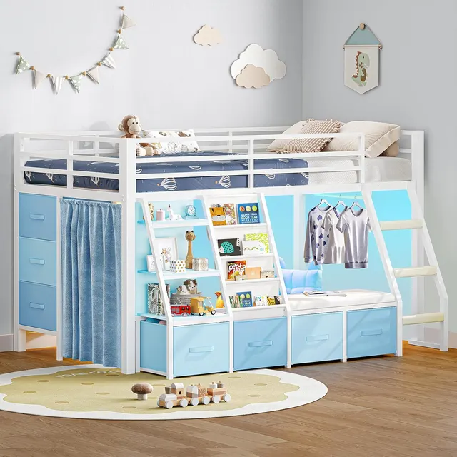 MSmask Low Loft Bed with Reading Nook, White & Blue, Twin