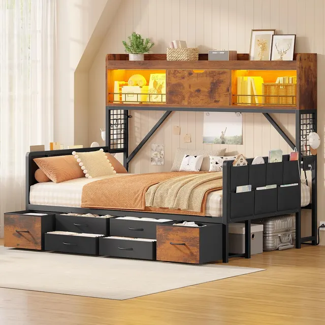 MSmask High-Bookcase Corner Daybed, Vintage Brown, Full