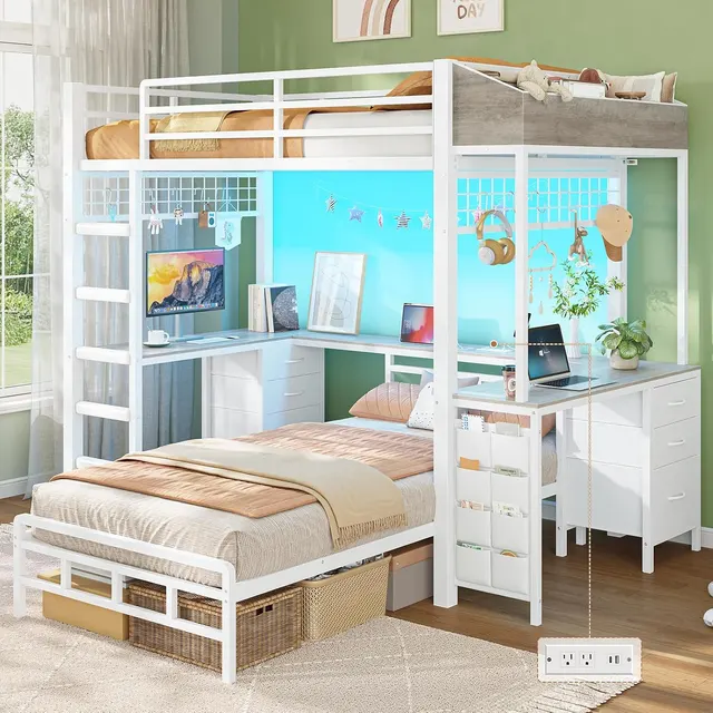 MSmask U-Desk Bunk Bed for Two, White, Twin Over Twin