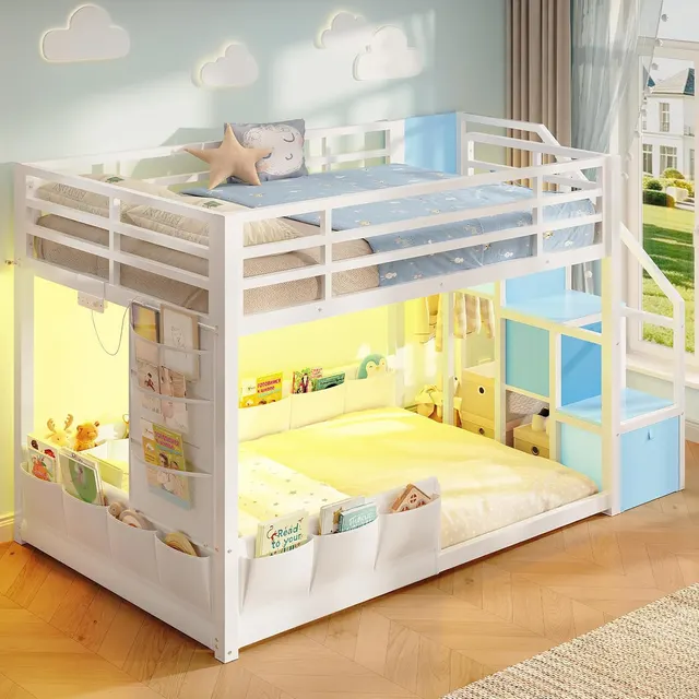 MSmask Low Bunk Bed with Storage Stairs, White & Blue, Twin Over Twin